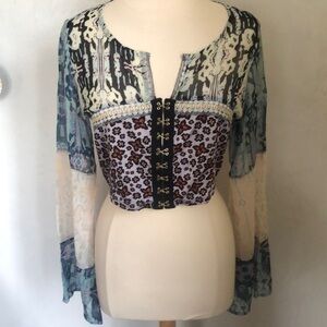 Free People walk that walk top multi color w/corset & bell sleeves Size Large